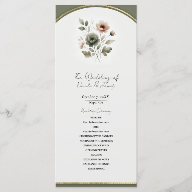 Programme Dusty Olive rose & or Aquarelle Mariage Floral (Devant)