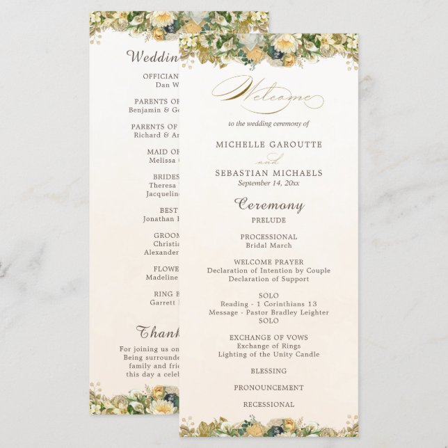 Programme Elégant Aquarelle Blanc Floral Mariage or (Devant / Derrière)