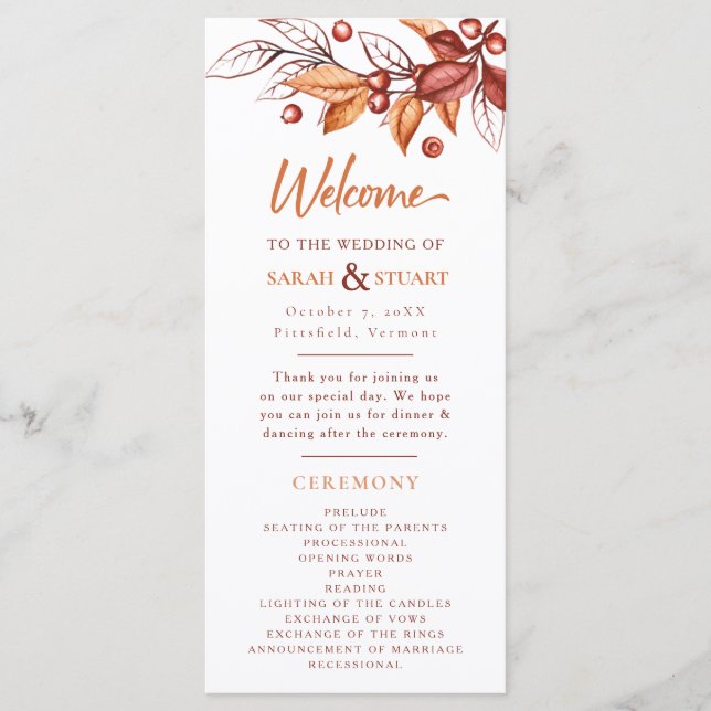 Programme Élégant Automne ton Terre Terracotta Mariage (Devant)