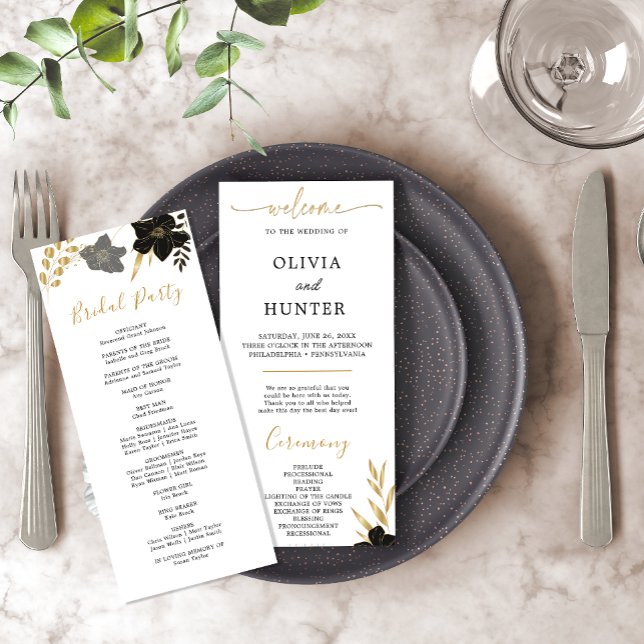 Programme Élégant Black & White Floral Wedding Party Program (Elegant Black & White Floral Wedding Party Program)
