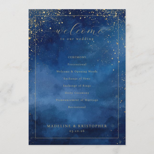 Programme Elegant Blue Watercolor Wedding Ceremony Program (Devant)