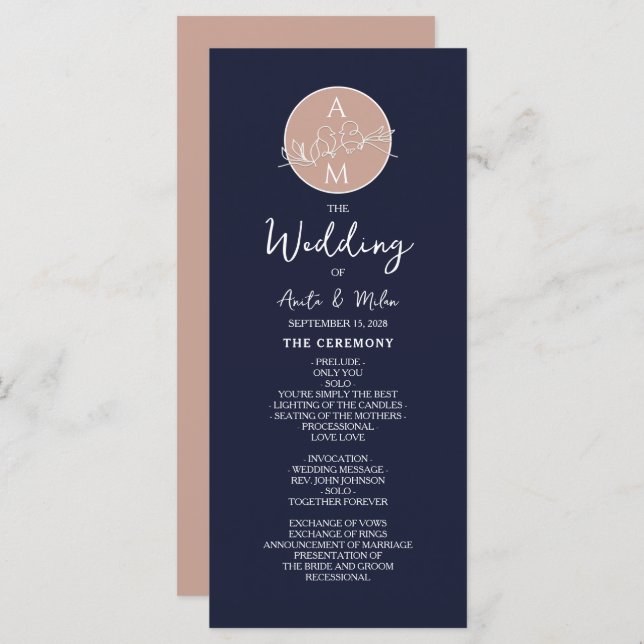 Programme Elégant Blush et Navy Blue Script Wedding Programm (Devant / Derrière)