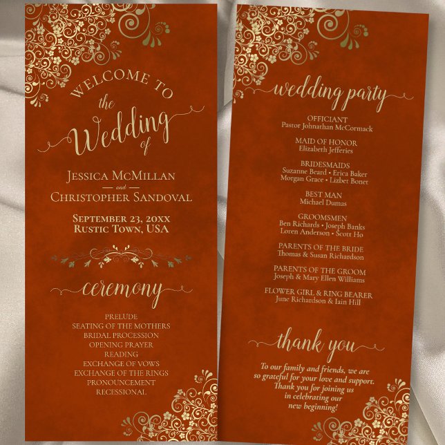 Programme Elégant boucles d'or orné sur Mariage orange rouil (Front/Back)