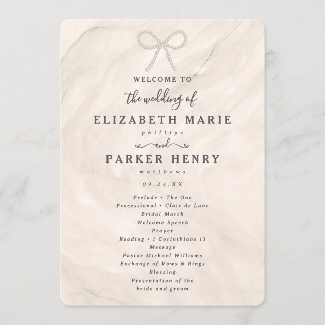 Programme Elegant Champagne Pearl Bow Wedding Ceremony (Devant)