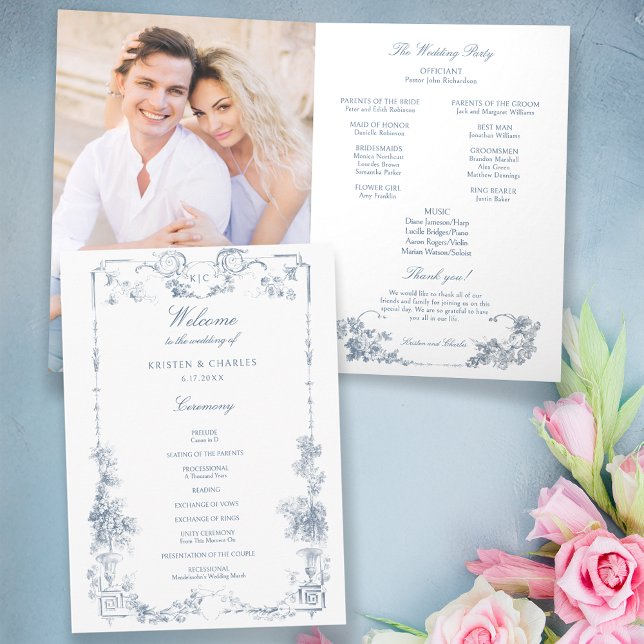 Programme Élégant classique Dusty Bleu Français Floral (Créateur téléchargé)