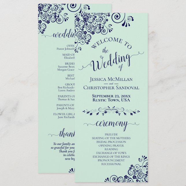 Programme Elégant Curls & Swirls Mint Green & Navy Mariage (Devant / Derrière)