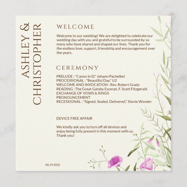 Programme Élégant Fleur sauvage moderne Mariage off-White (Devant)