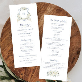 Programme Elegant Floral White Greenery Crest Blue Wedding