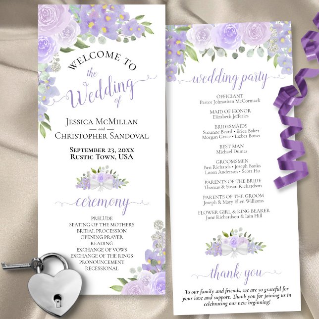 Programme Elégant Lavender Boho Aquarelle Mariage Floral (Front/Back)