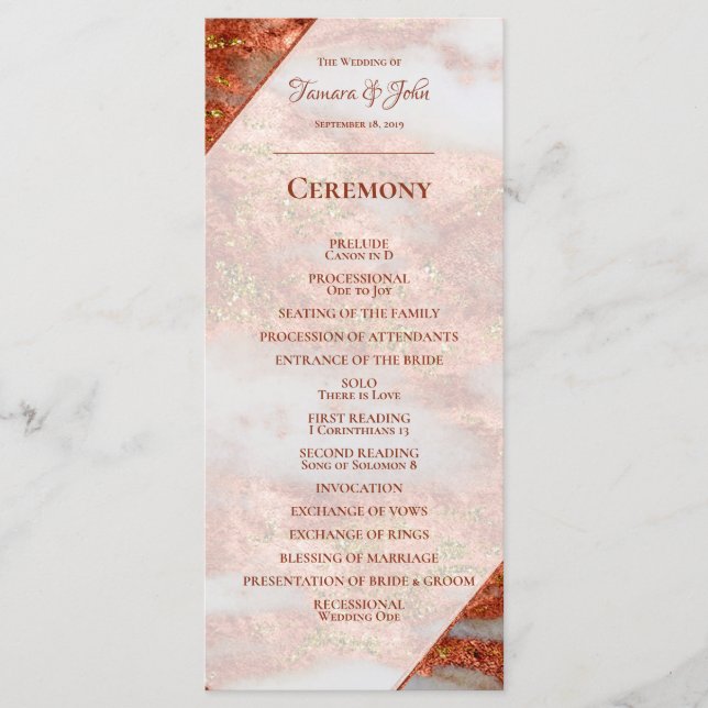 Programme Élégant Mariage géométrique en marbre or cuivre (Devant)