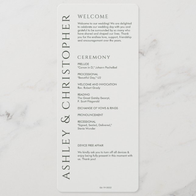 Programme Élégant Mariage moderne de mousse verte (Devant)