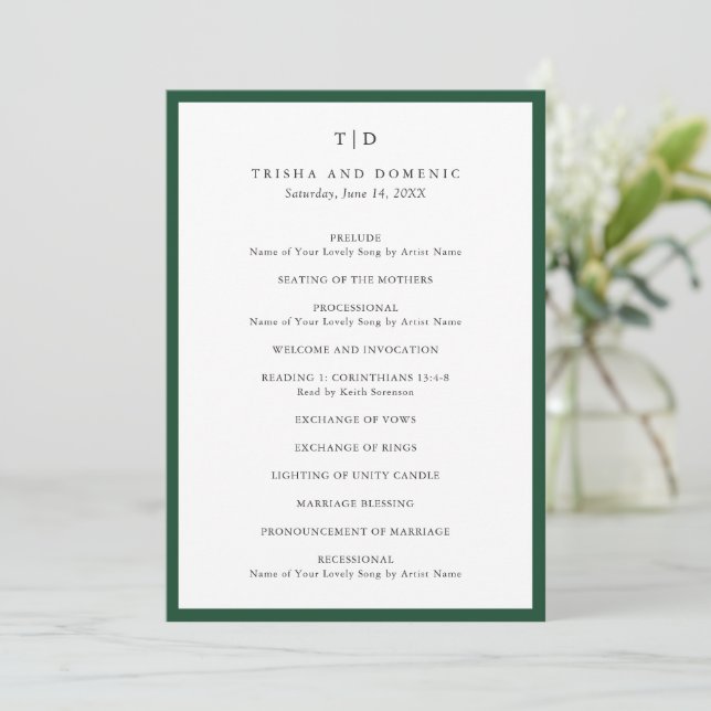 Programme Élégant Mariage Moderne Monogramme Vert Émeraude (Debout devant)