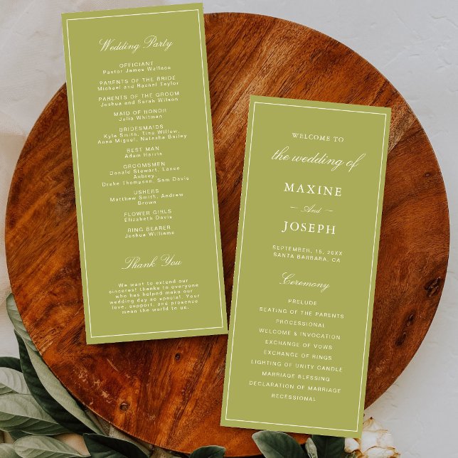 Programme Élégant mariage vert olive écriture (Elegant olive green wedding programs keep guests engaged with a polished, timeless touch.)