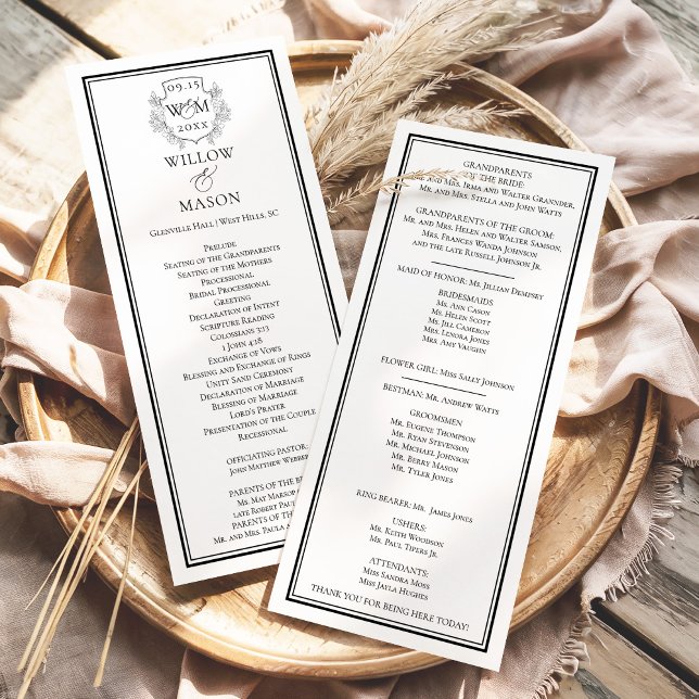 Programme Élégant Mariage Vintage Monogram Crest (Elegant Vintage Monogram Crest Wedding Program Front and Back Shown)