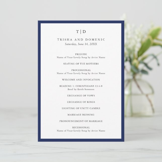 Programme Élégant Marine bleu Monogramme Mariage moderne (Debout devant)