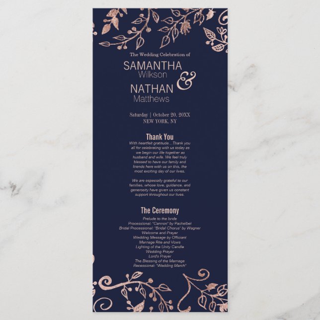 Programme Élégant Marine Rose bleu Gold Floral Wedding Progr (Devant)