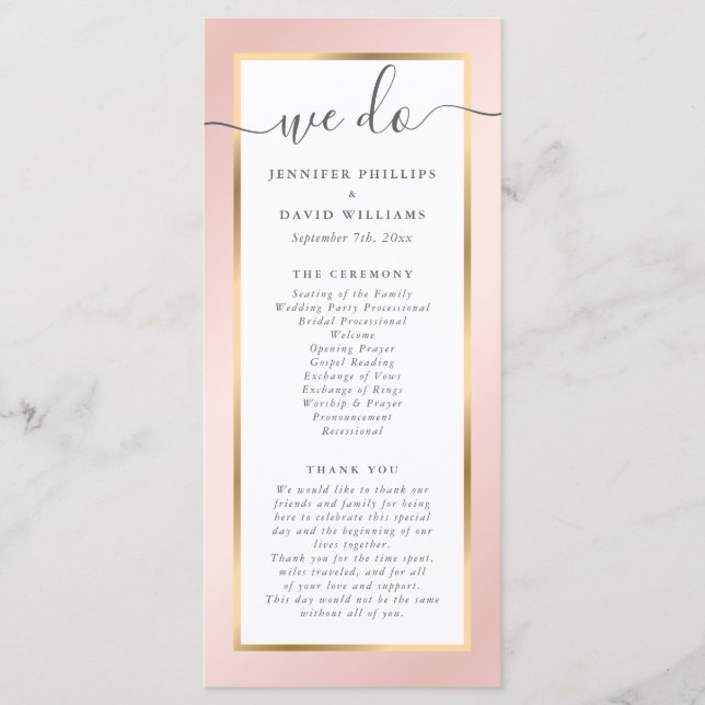 Programme Élégant moderne Blush rose et Mariage or (Devant)