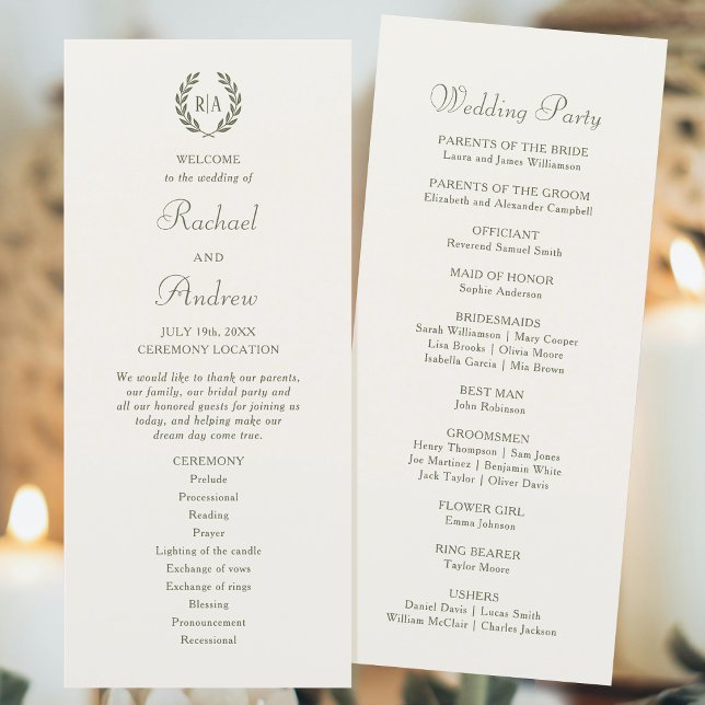 Programme Élégant Monogram Green Cream Mariage Timeline Plat (Créateur téléchargé)