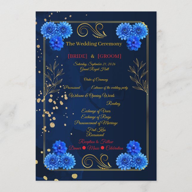 Programme Elegant Navy Blue Floral Ceremony Program Template (Devant)