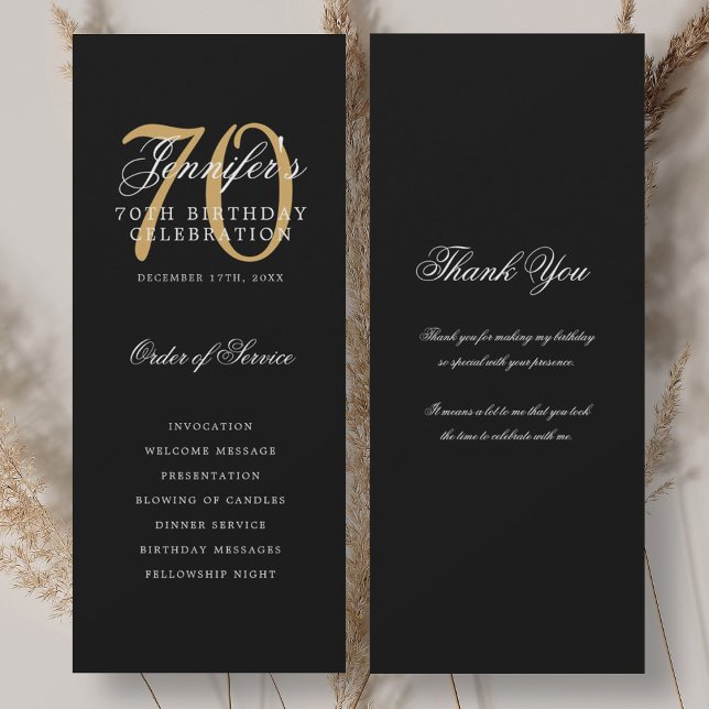 Programme élégant pour les 70 ans or noir Merci (Elegant 70th Birthday Program Gold Black Thank You)