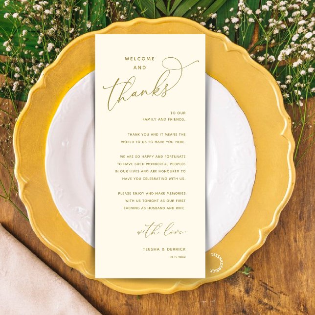 Programme Elegant Reception "Welcome and Thanks" Guest Card (Modern Elegant Wedding Reception "Welcome and Thanks" Table Card for Guest in Yellow Gold)