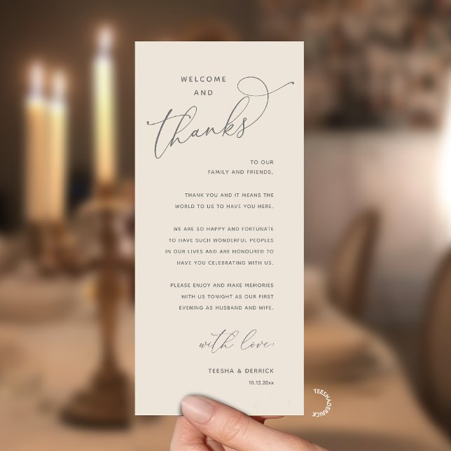Programme Elegant Reception "Welcome and Thanks" Guest Card (Modern Elegant Wedding Reception "Welcome and Thanks" Table Card for Guest in Cream Grey)
