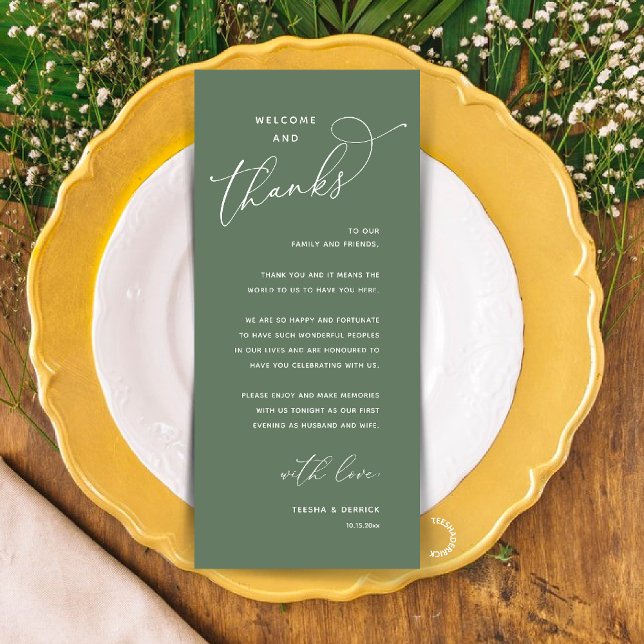 Programme Elegant Reception "Welcome and Thanks" Guest Card (Modern Elegant Wedding Reception "Welcome and Thanks" Table Card for Guest in Sage Green)
