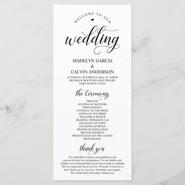 Programme Élégant script Black Classy, Cérémonie Mariage (Devant)
