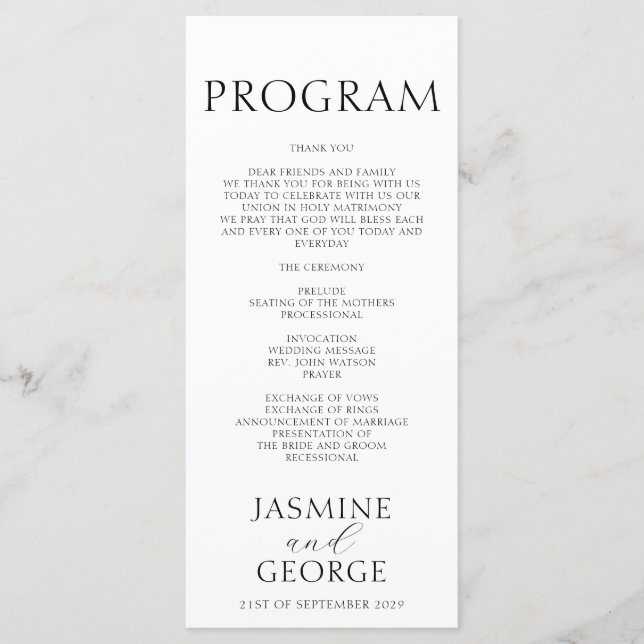 Programme Élégant Script noir & blanc Mariage chic (Devant)