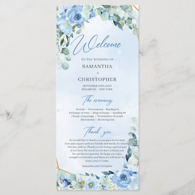 Programme Elégante aquarelle bleu poussiéreux cadre or flora (Devant)
