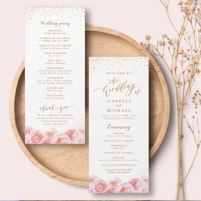 Programme Élégante calligraphie or & mariage floral roux (Elegant calligraphy gold & blush floral wedding program)