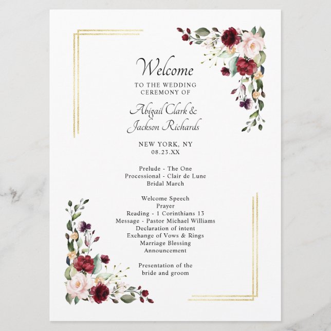 Programme Élégante cérémonie de Mariage Floral Gold Foil en  (Devant)