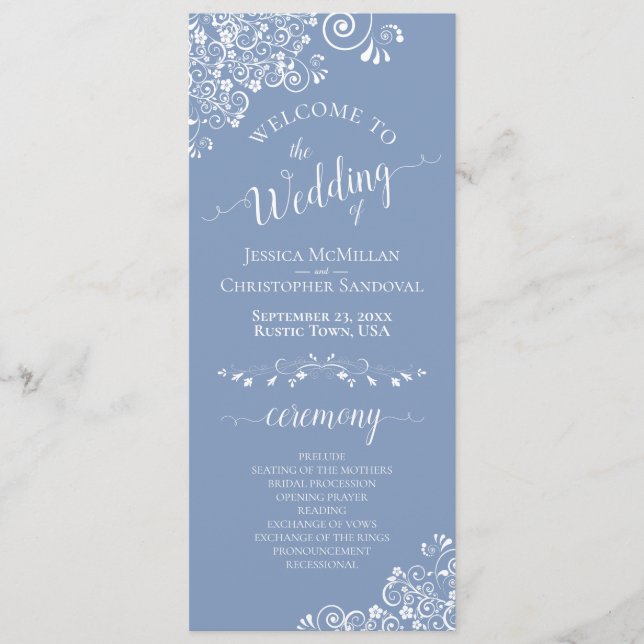 Programme Elégantes boucles blanches sur Dusty Blue Mariage (Devant)