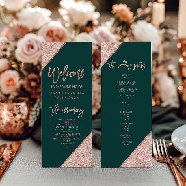 Programme Emerald Green et Rose Gold Parties scintillant Mar (Emerald Green and Rose Gold Glitter Wedding Program)