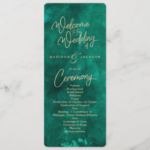Programme Emerald Green Watercolor & Gold Wedding Program