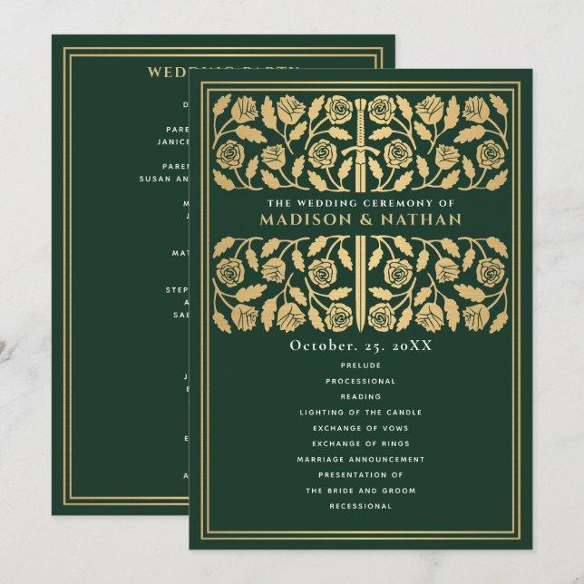 Programme Épée Royale de Mariage Médiéval Vert Or (Devant / Derrière)