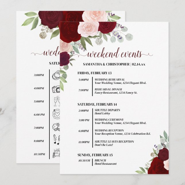 Programme Événements & Calendrier de Mariage Roses Bohème Ro (Devant / Derrière)