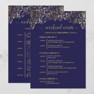 Programme Événements de mariage bleu marine et or ornés & ca