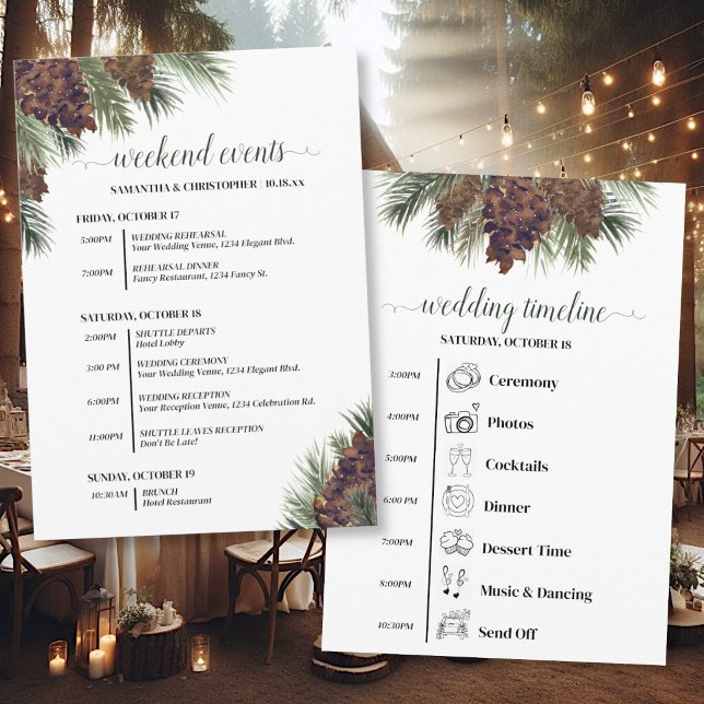 Programme Événements de mariage et calendrier Cônes de pin r (Front/Back)