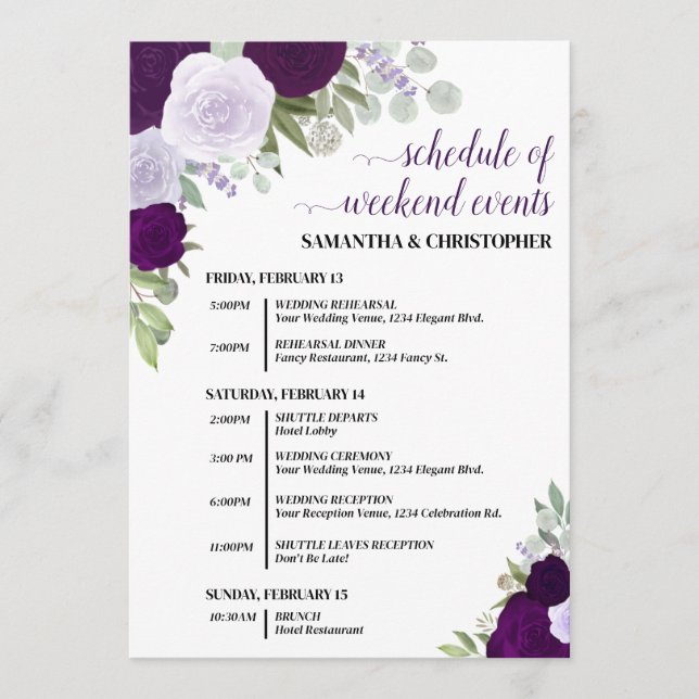 Programme Événements de mariage et calendrier Roses Boho Vio (Devant)