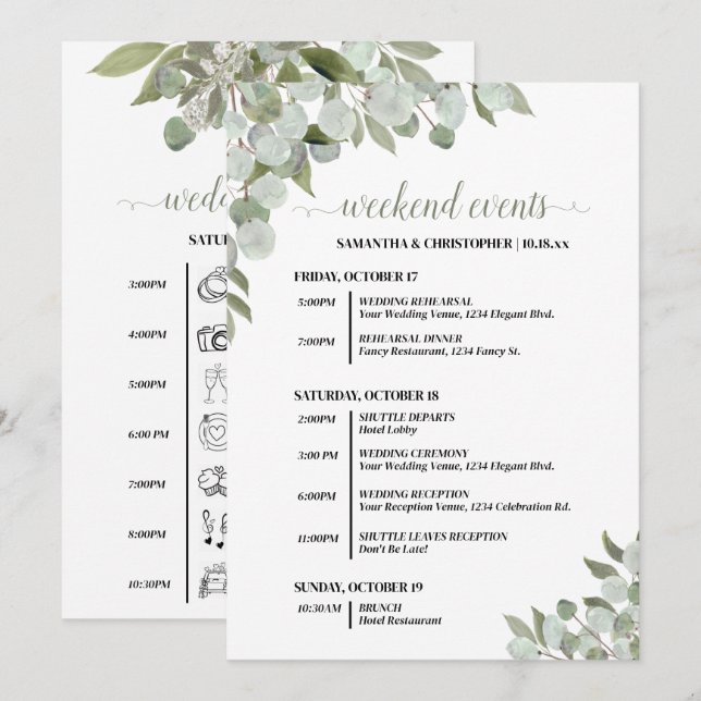 Programme Événements de mariage rustique eucalyptus & calend (Devant / Derrière)