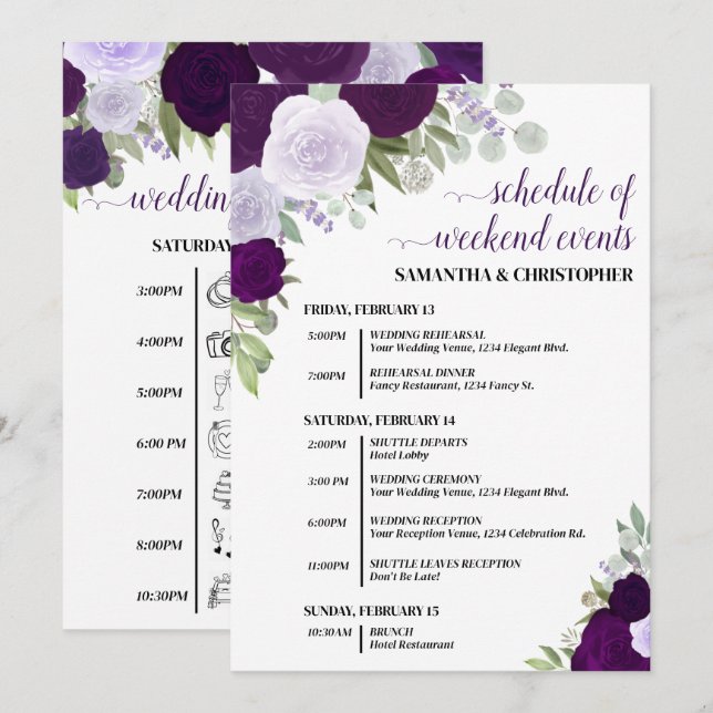 Programme Événements et calendrier de mariage aux roses boho (Devant / Derrière)