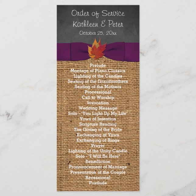 Programme Fall Leaves FAUX Burlap Chalkboard Wedding Program (Devant)