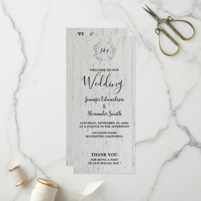 Programme Feuilles rustiques aquarelle sur mariage en bois d (Devant/Arrière en situation)