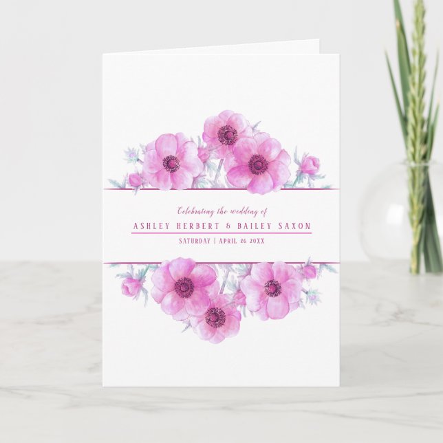 Programme fleurs d'anémone rose mariage aquarelle art (Devant)