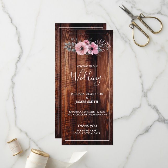 Programme Fleurs d'aquarelle rustique sur mariage de bois de (Devant/Arrière en situation)