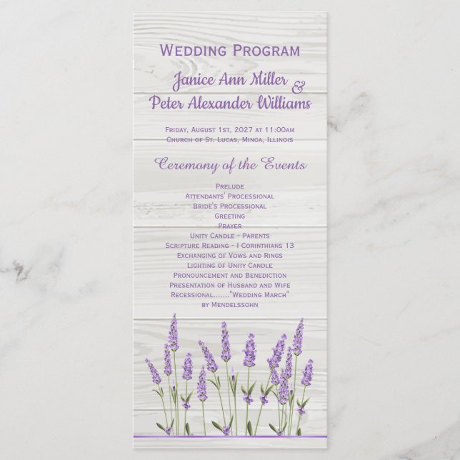 Programme Fleurs de lavande violette sur Mariage de bois (Devant)