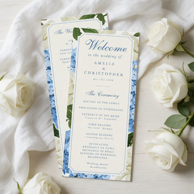 Programme Fleurs d'Hydrange Bleu Roses Blanches Mariage (elegant and formal wedding programs with blue hydrangea flowers and white roses background.)