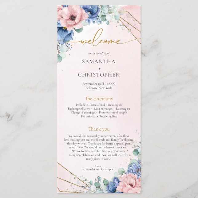 Programme Fleurs d'or bleu et rose moderne mariage (Devant)