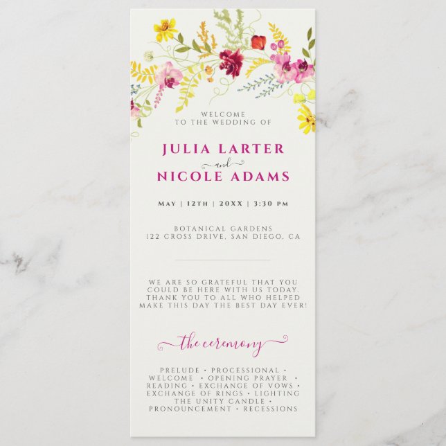 Programme Fleurs d'orchidées violettes roses Mariage de cour (Devant)